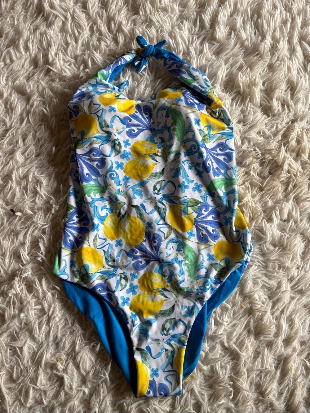 Lemon-Print Halter One-Piece Swimsuit in White, Blue & Yellow